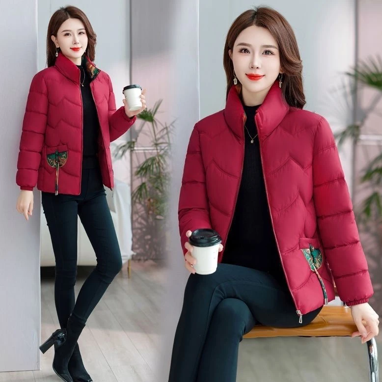 秋冬新款时尚百搭国风刺绣立领羽羽棉服女士外套妈妈装棉服外穿