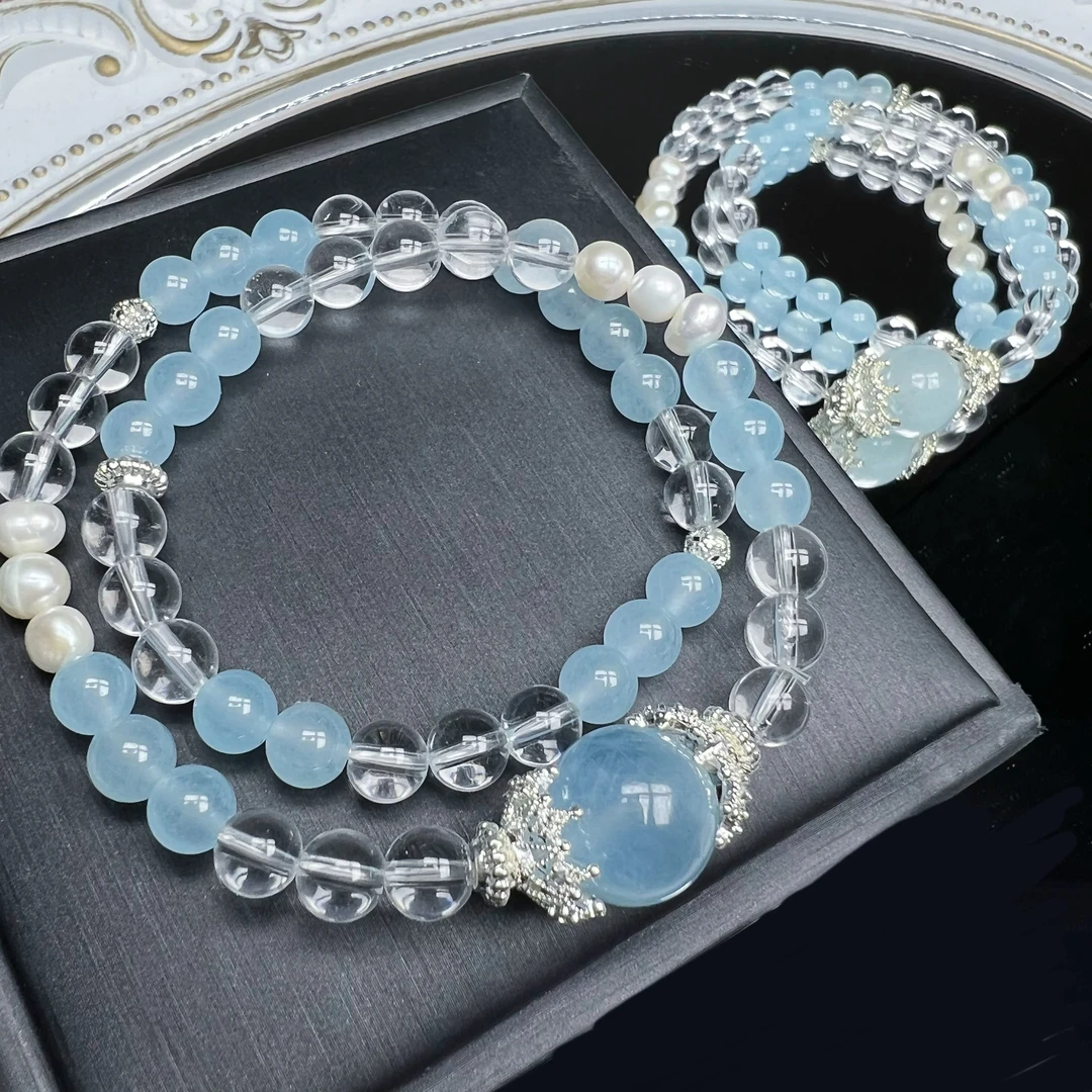 青尔珠宝 天然海蓝宝白水晶双圈手串手链diy（多样性发一条）蓝色