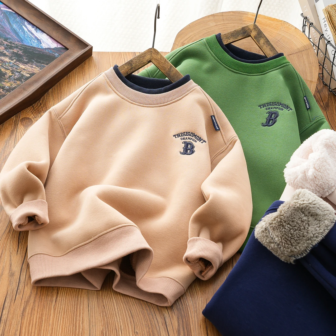 男童加绒加厚卫衣假两件冬装2024新款男孩一体绒保暖上衣中大童