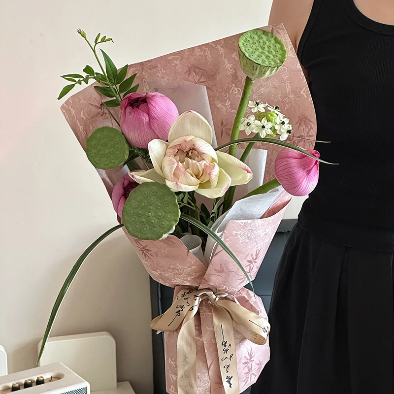 新款竹蝶古风鲜花花束包装纸 夏季莲花花艺包装制作DIY制作