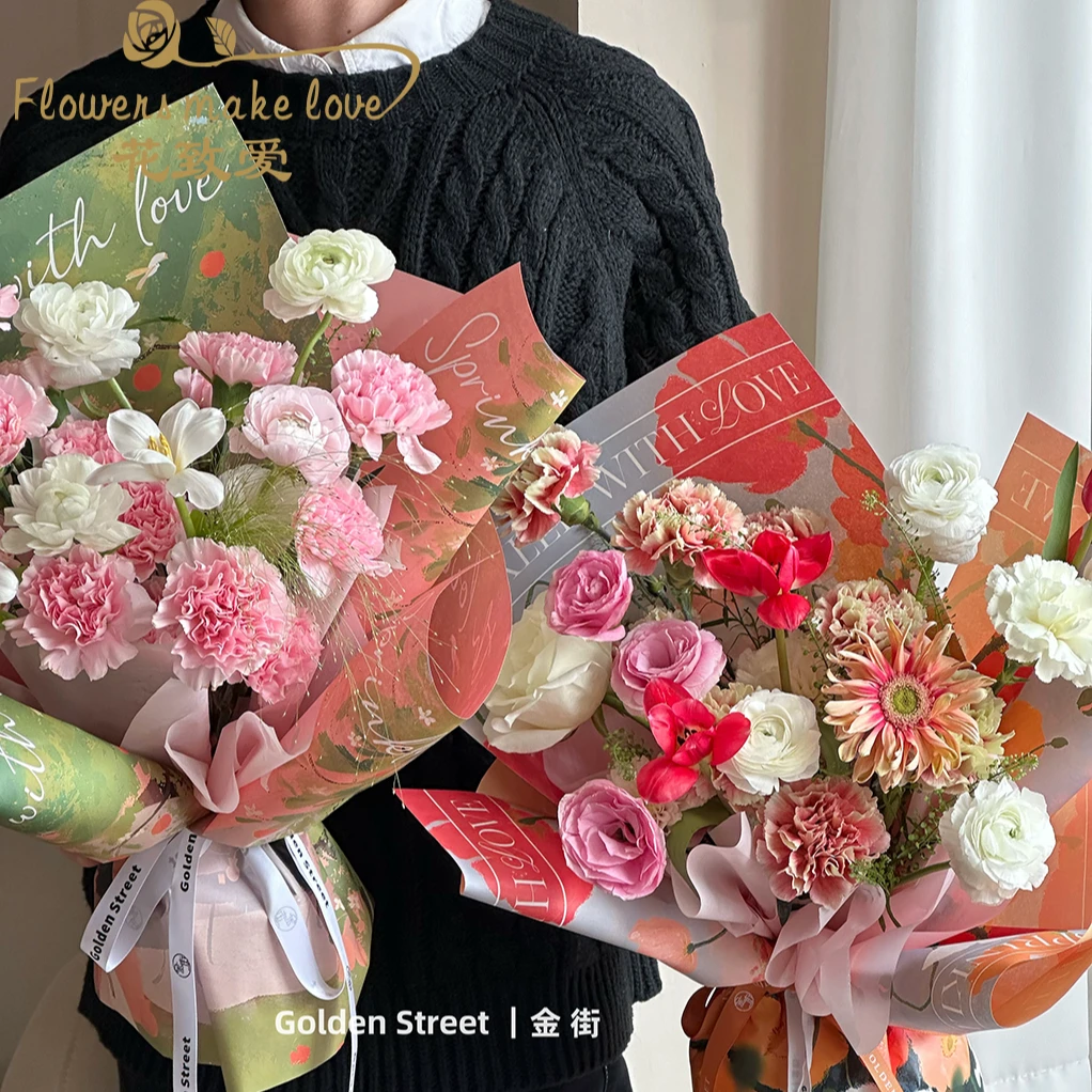 春暖花开油画风女神节玫瑰鲜花包装纸花束背景纸