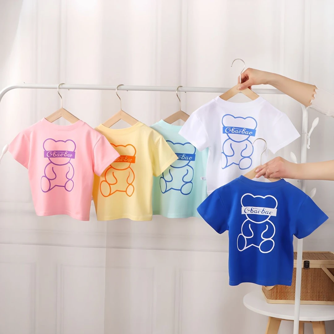 （粉丝浮力）儿童夏款纯棉小熊短袖T恤男女童时尚百搭半袖薄款上衣