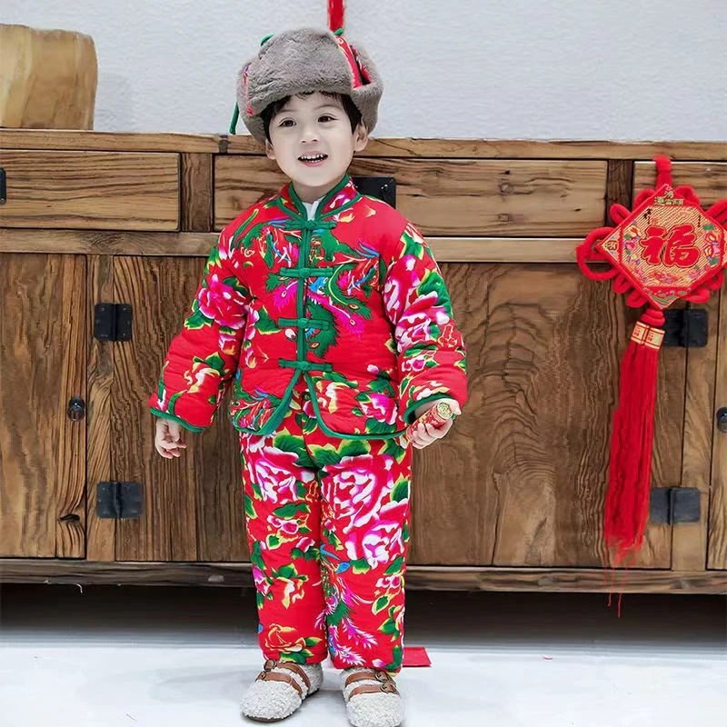 儿童东北大花棉袄棉裤套装民族风男女童宝宝冬季兄妹裝新年加厚套