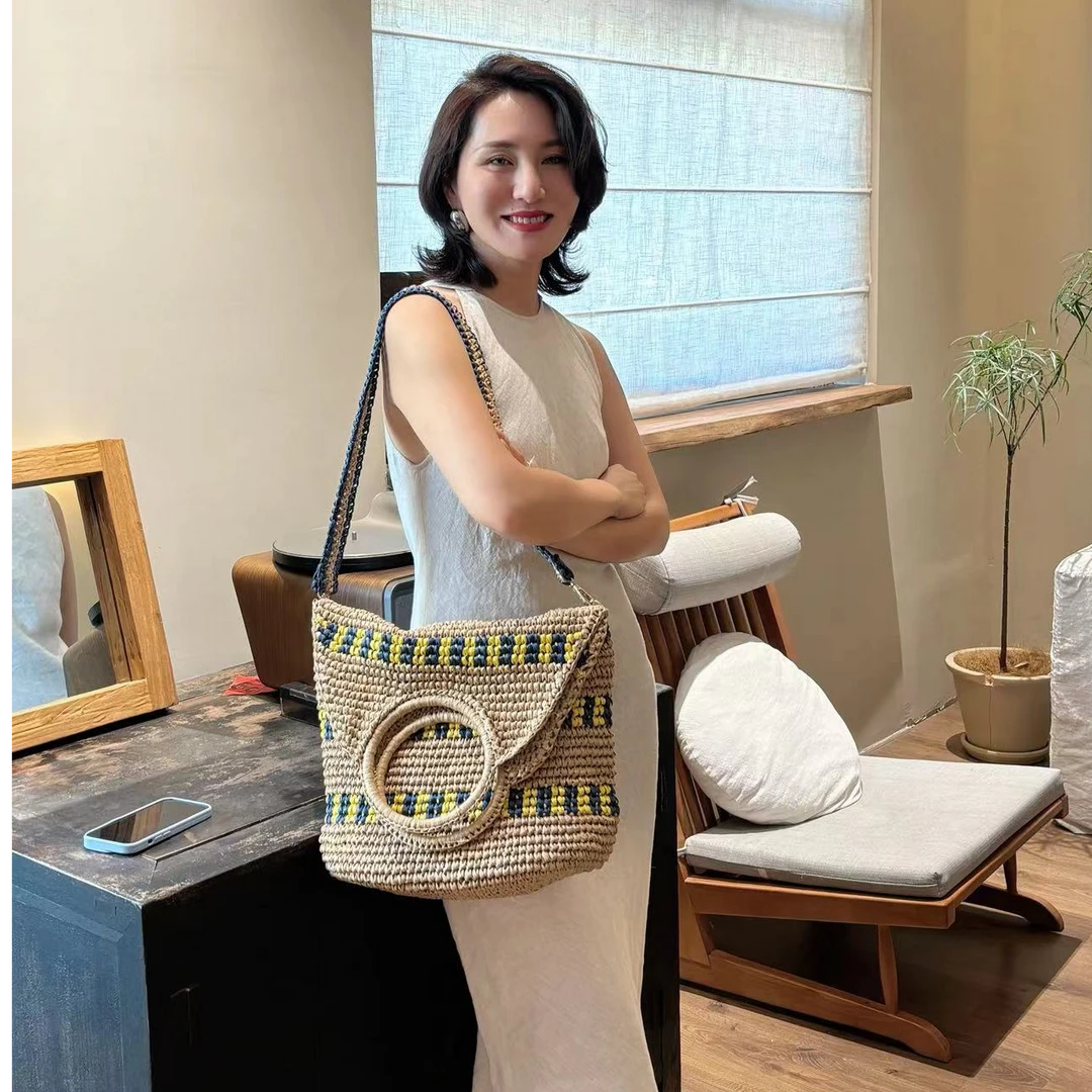 出西班牙定制设计师款竖版可折叠度假草编包可单肩可斜跨可手提