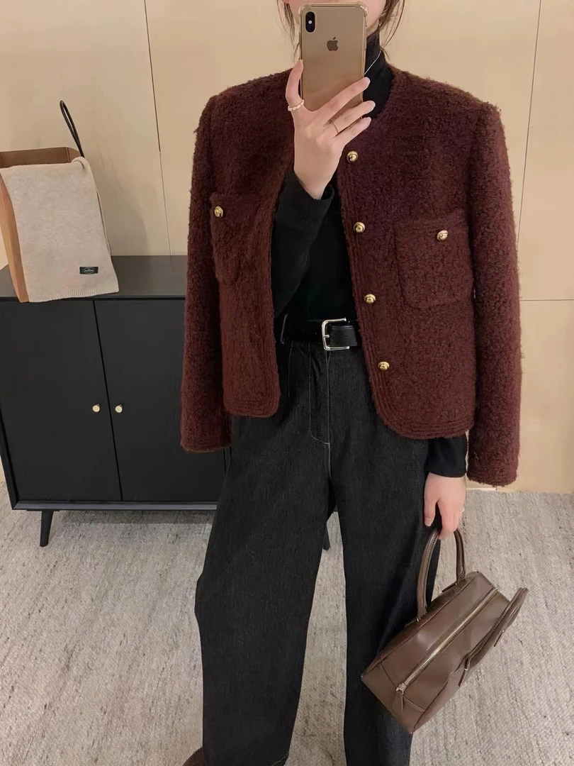 气质百搭短款小香风外套女法式颗粒绒单排扣上衣潮