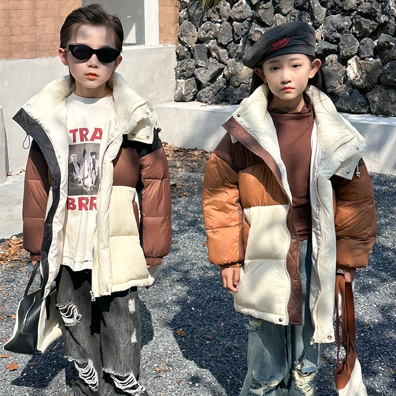 90白鸭绒撞色中长羽绒服 儿童洋气连帽中长款