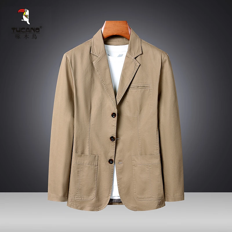 啄木鸟休闲西装男士春秋新款纯棉小西服便服单西宽松大码商务外套