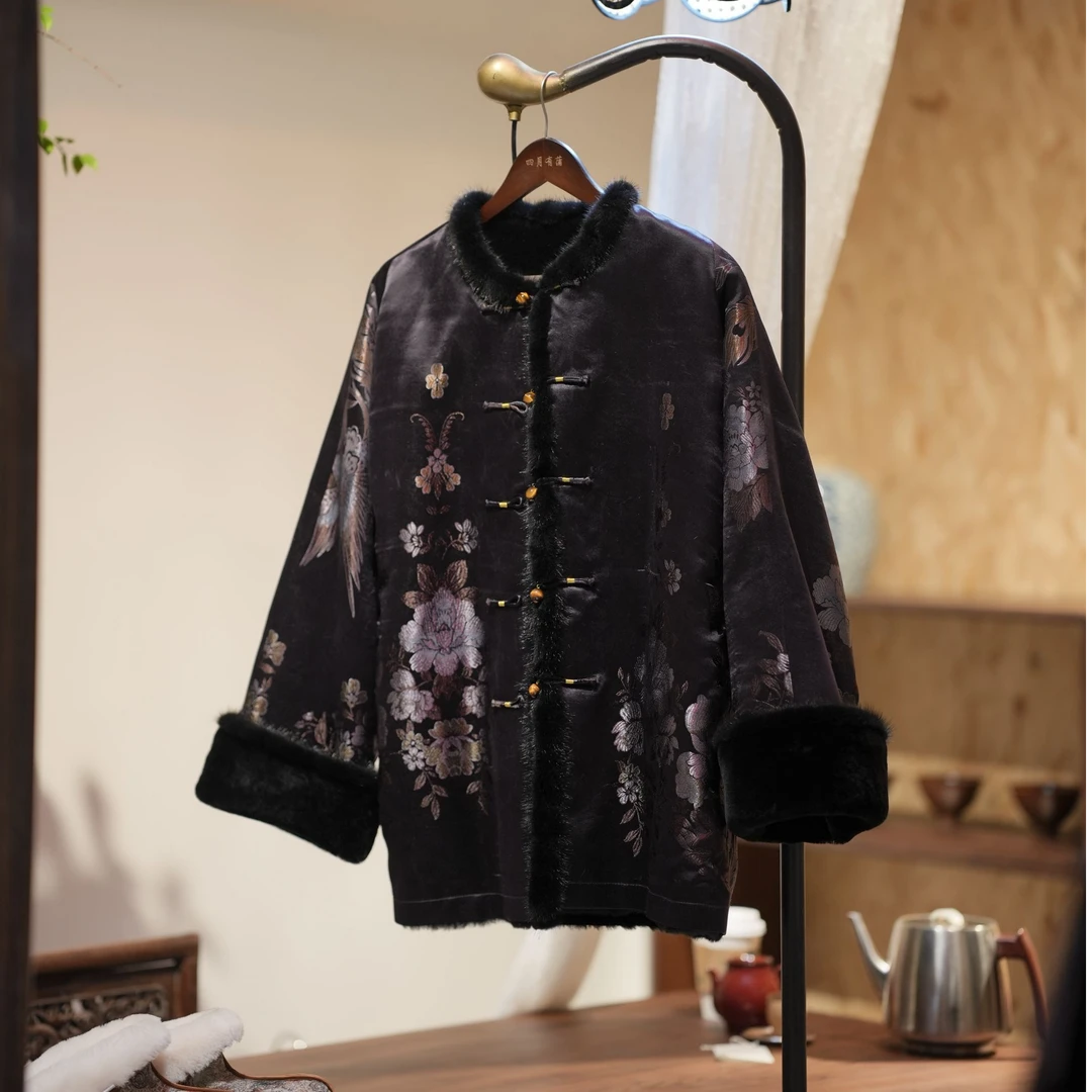 中式古典花纹皮毛一体厚实网红保暖外套短款冬季加绒加厚双面