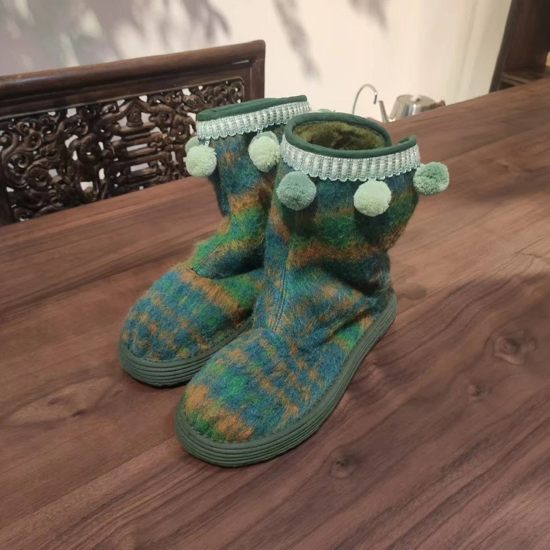 圣诞毛球球—绿色靴子棉靴圣诞色系高筒靴冬季皮毛一体