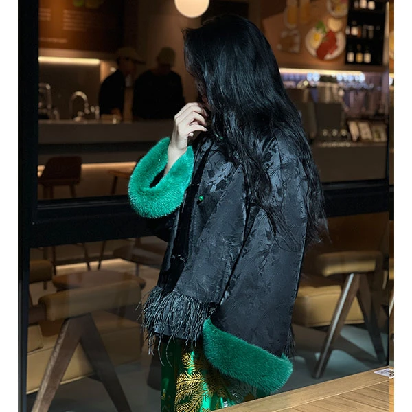 原创国风复古新中式真丝香云纱双面穿皮毛一体绿袖口百搭-葳蕤