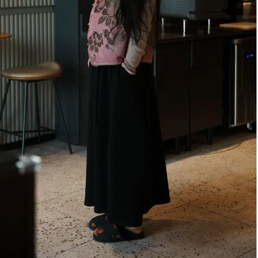 羊毛花苞裙秋冬简约大气百搭半身裙长裙休闲黑色宽松