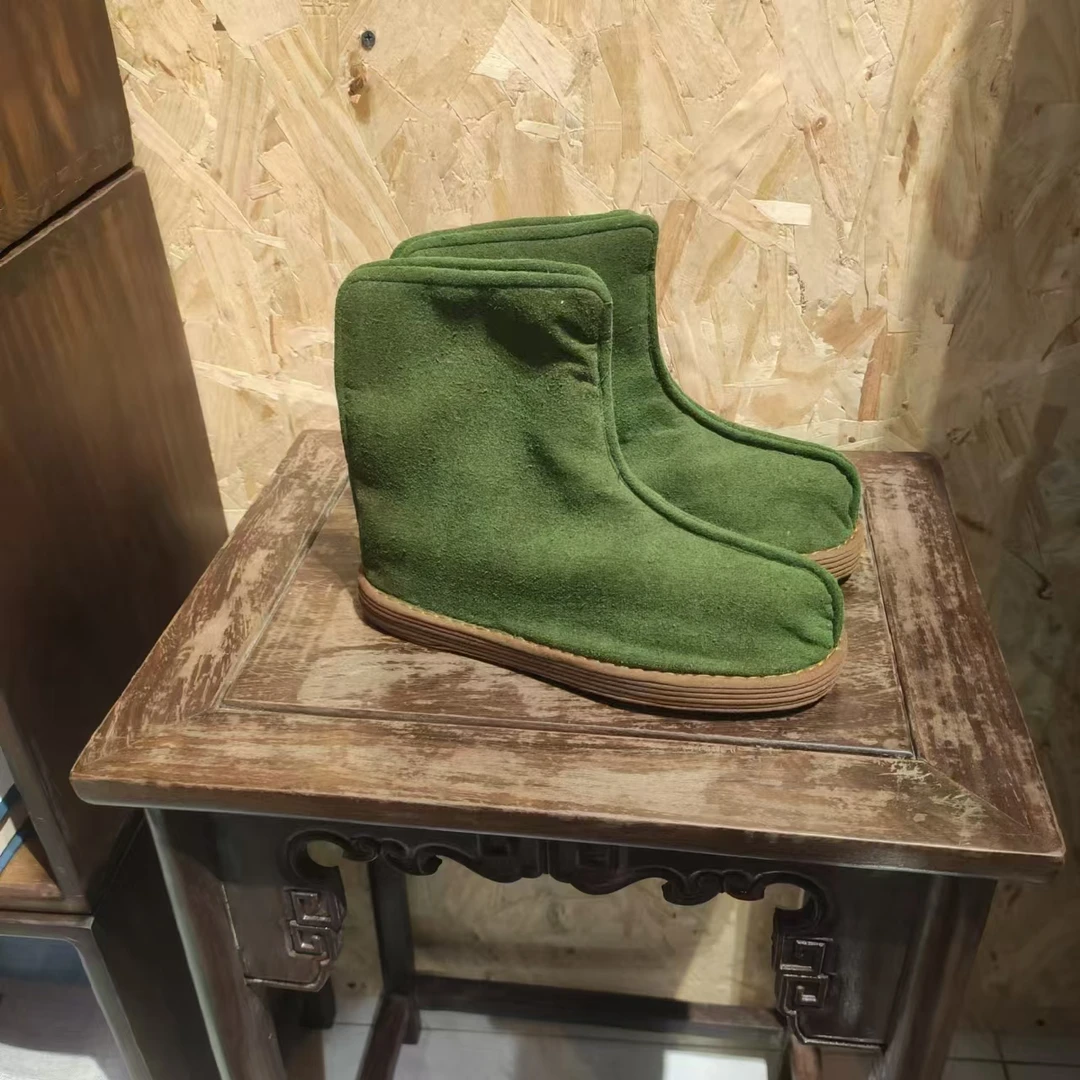 疙瘩绸绿色桑油丝格子内里棉鞋保暖冬季