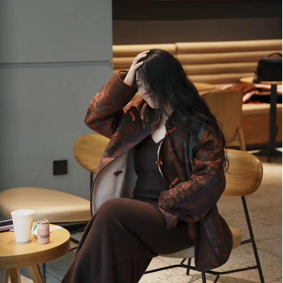 双面穿进口亚麻皮毛一体衣服保暖时尚宽松秋冬复古气质加厚