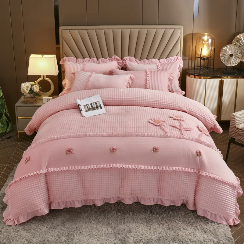 家纺秋冬加厚被套送礼宝宝绒被罩绣花床上用品公主风四件套-XMQ