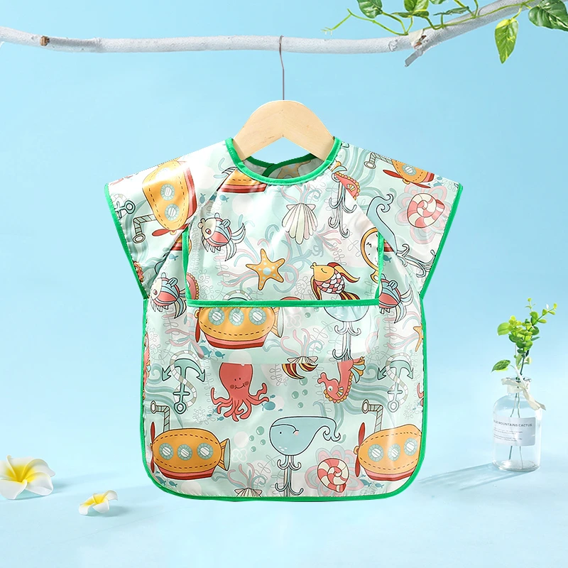 夏季短袖宝宝罩衣防水免洗幼儿园儿童围兜食饭兜婴儿反穿衣可擦拭