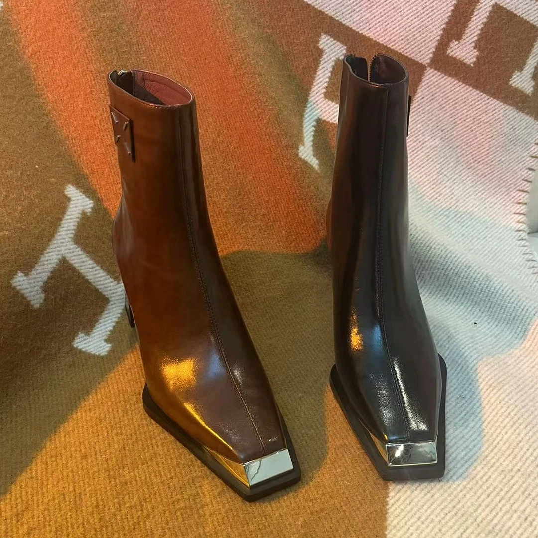 范戈希牛皮跟5cm秋冬气质时尚后拉链方头百搭女士粗跟短靴买1赠3