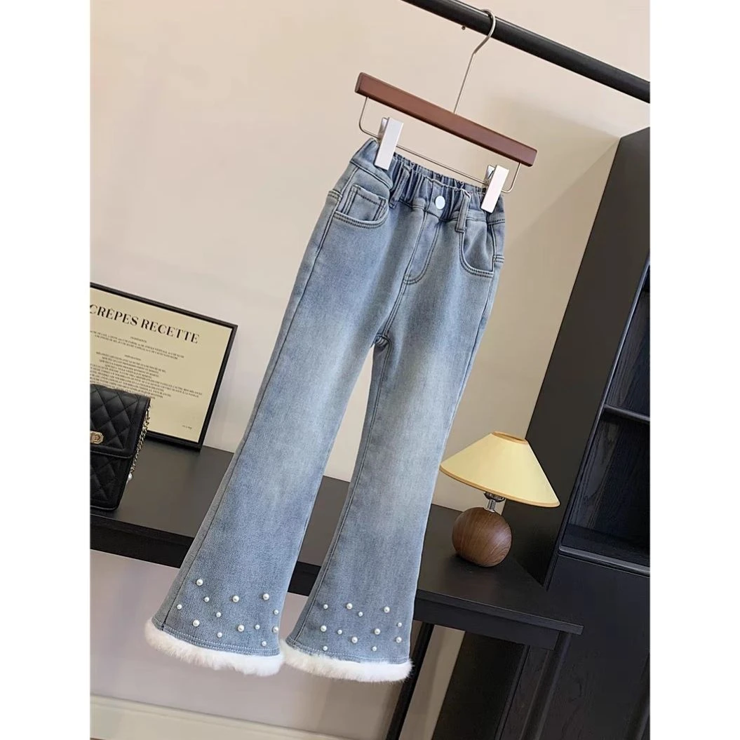 冬季女中大童装甜美小香风钉珠毛毛边一体绒浅蓝水洗牛仔裤喇叭裤