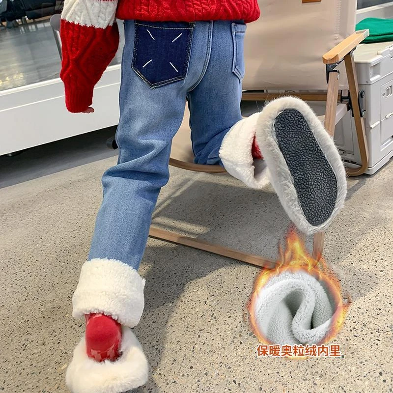 女童加绒牛仔裤秋冬新款女孩洋气一体绒裤子冬装加厚小女孩休闲裤