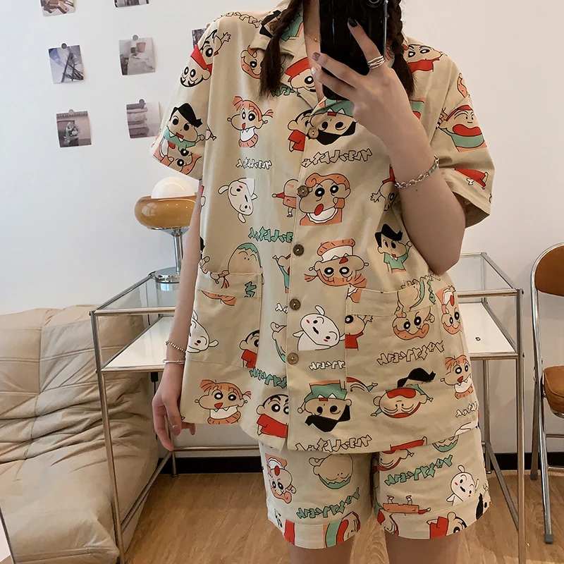 日系卡通蜡笔小新睡衣纯棉男女夏季开衫短袖短裤家居服情侣套装