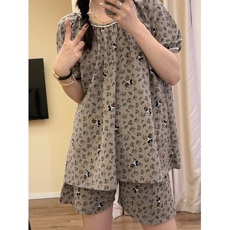 【小灰专属】韩系花边睡衣女夏季卡通米奇提花棉圆领短袖短裤家居服