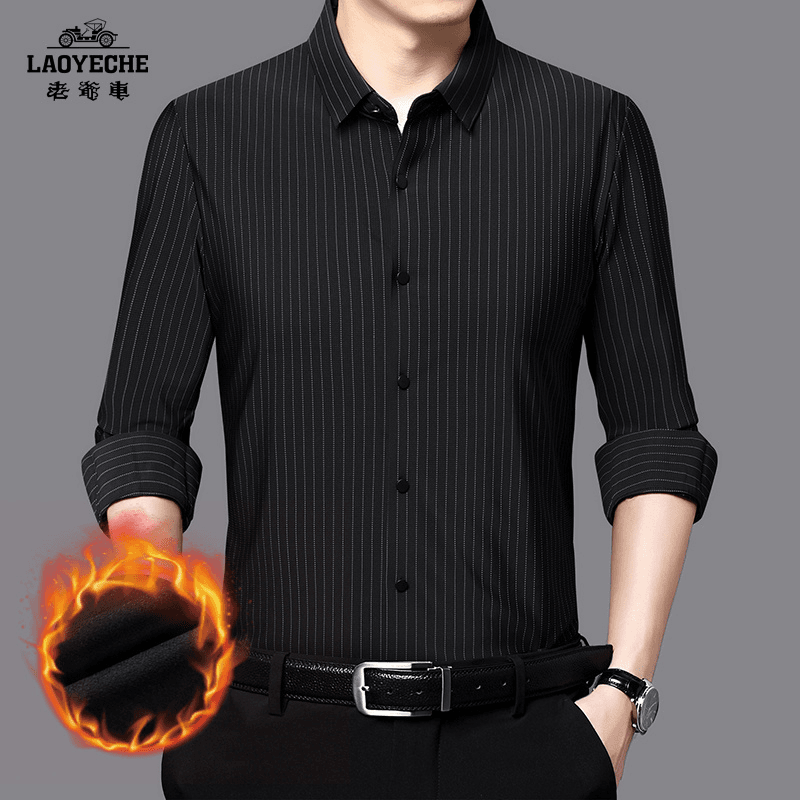 老爷车男士无痕加绒衬衫高档条纹休闲保暖中年长袖加厚秋冬新款男