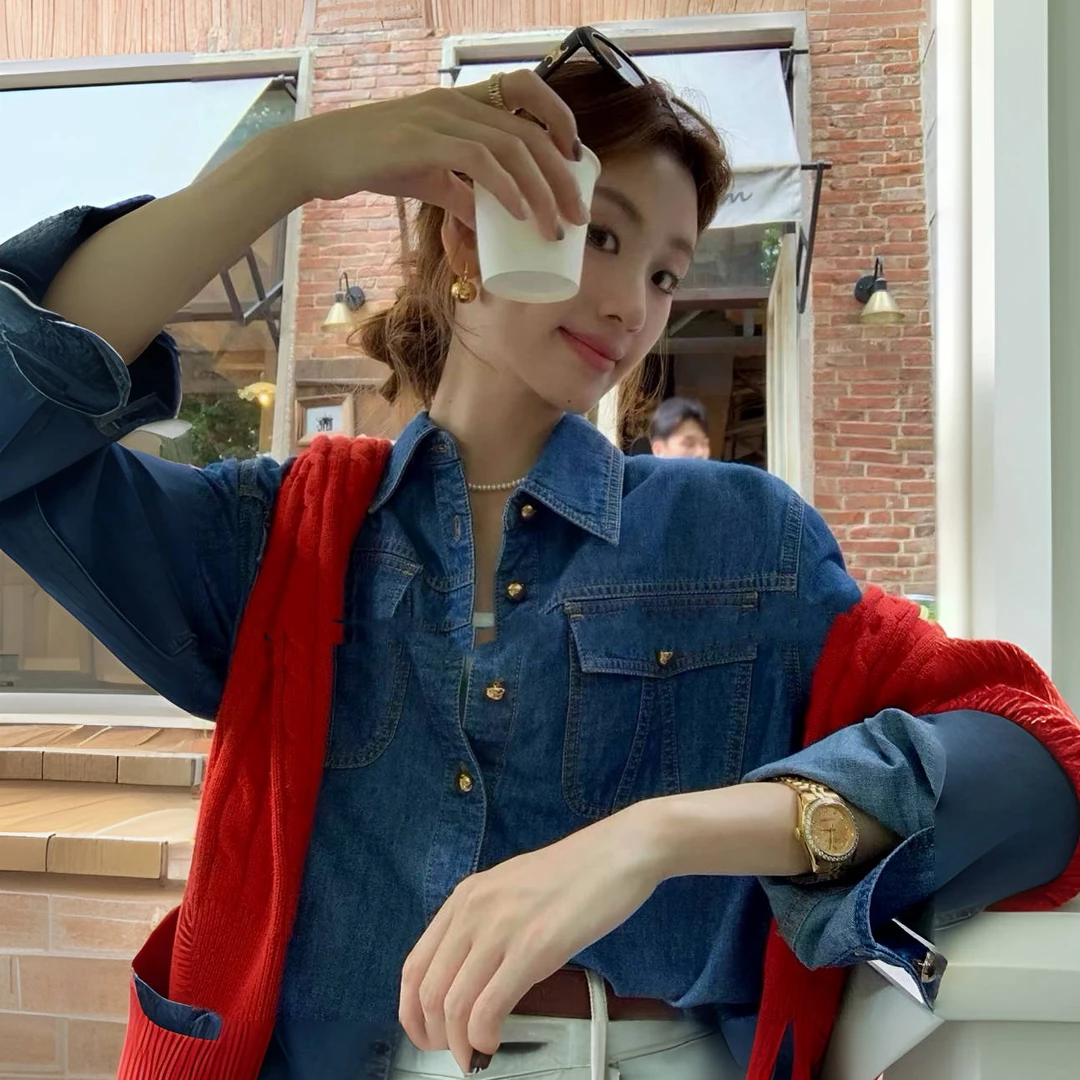 觅儿新款牛仔衬衫真口袋高级港风叠穿衬衣外套