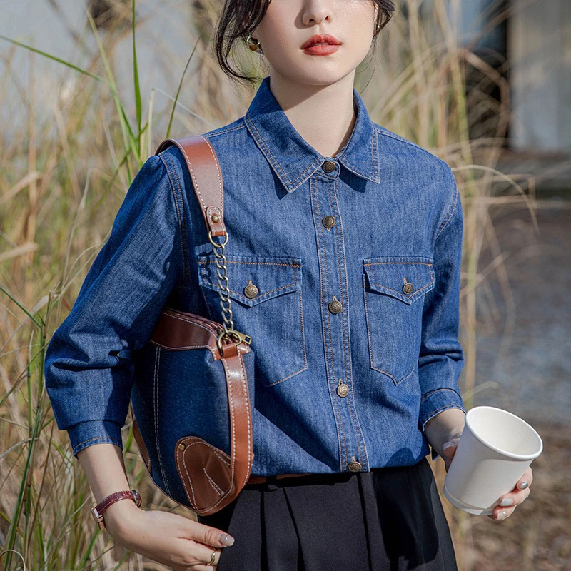小个子水洗新款蓝色牛仔衬衫秋冬复古真口袋叠穿衬衣外套