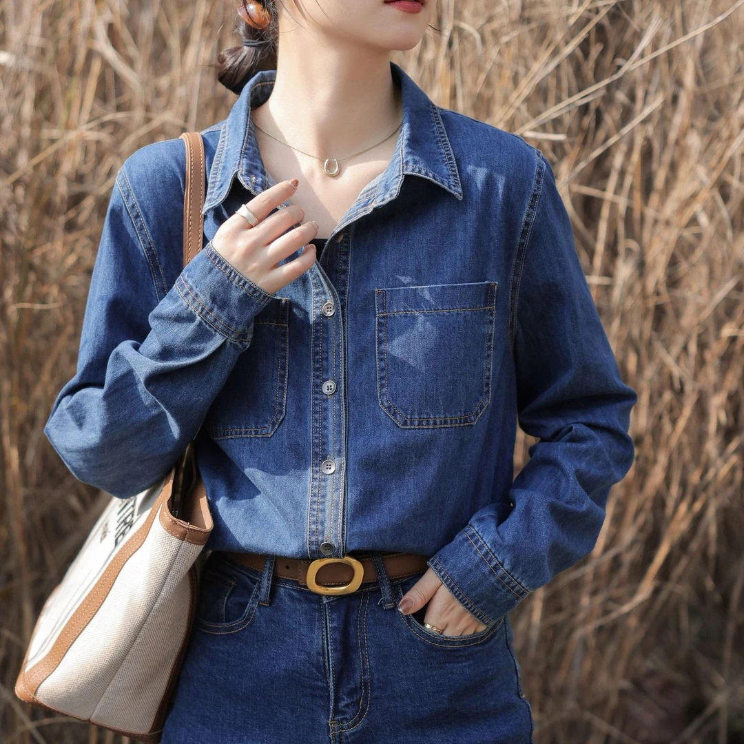 小个子专属2025年秋冬新款牛仔衬衫长袖百搭叠穿正肩衬衣休闲上衣