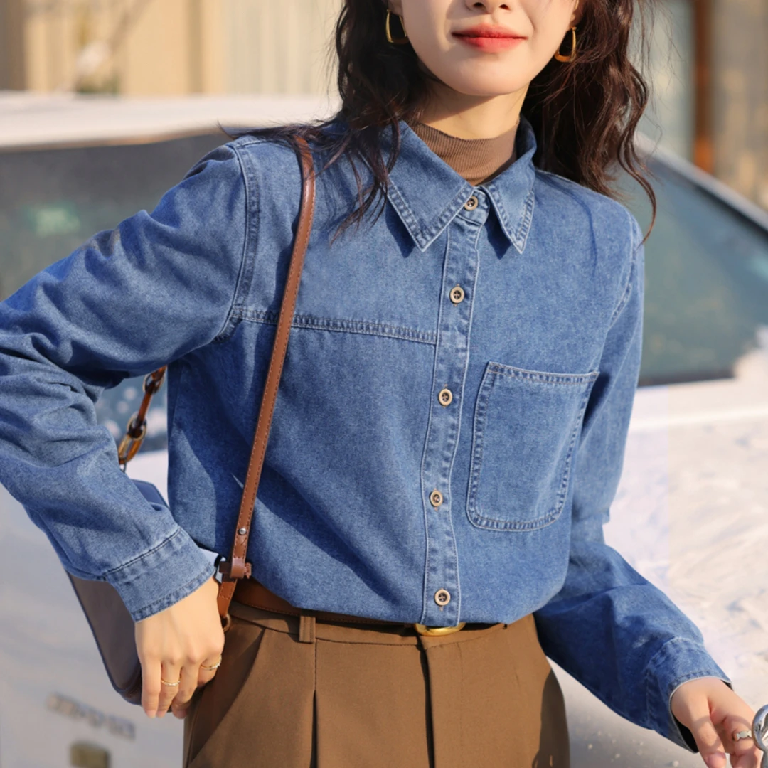 新款牛仔衬衫女休闲百搭宽松衬衣外套复古内搭叠穿长袖上衣女