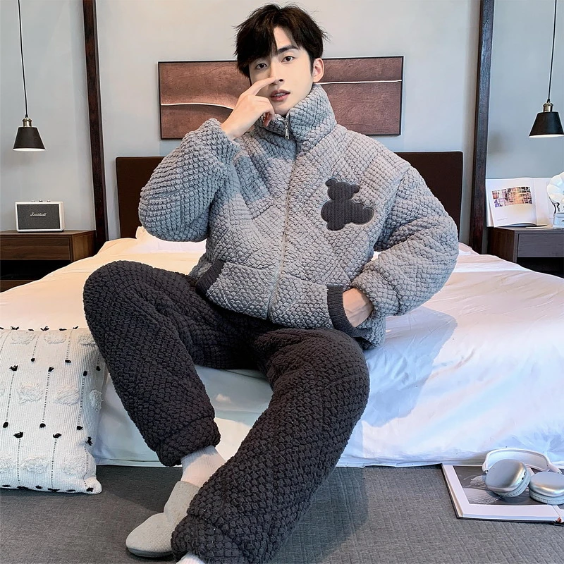 小熊卡通睡衣男士冬季三层夹棉袄加绒加厚保暖青年休闲家居服套装