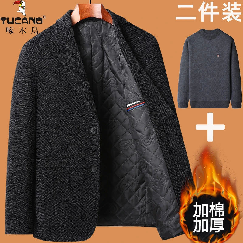 啄木鸟西服爸爸冬装毛呢外套冬季加棉加厚中老年人商务呢子西装男