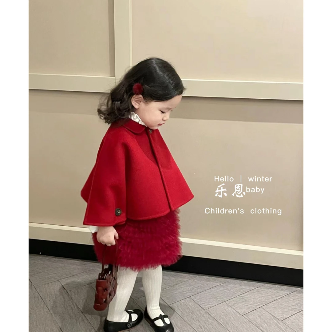 乐恩女宝宝红色斗篷女童拜年服儿童披风外套儿童周岁过年高端礼服