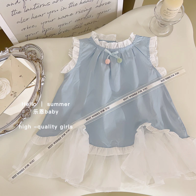 【乐恩童装】女童夏季天空蓝公主裙宝宝甜美蕾丝背心裙拼接款连衣裙