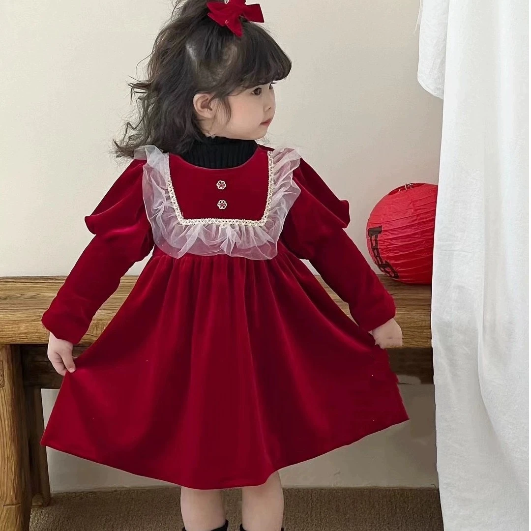 女童加绒丝绒公主裙套装冬款中小童泡泡袖拜年服红色宫廷风连衣裙