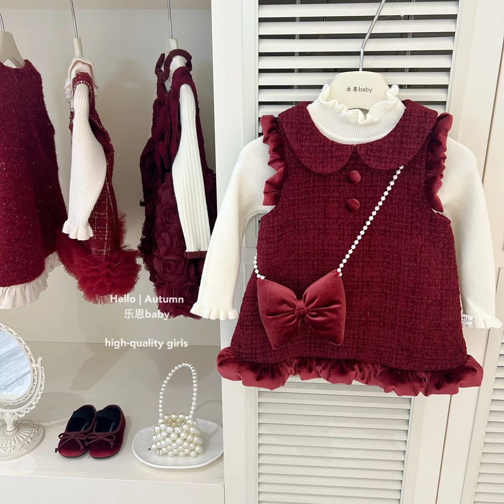 【乐恩童装】女童冬季新款过年服红色加绒背心裙时髦拜年服连衣裙套