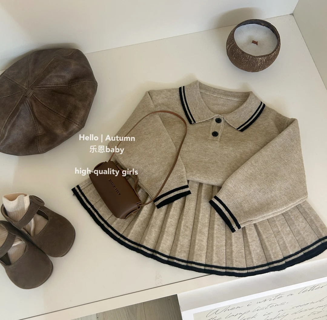 现秋冬【乐恩童装】女童新款卡其色毛线衣学院风套polo领上衣百褶裙