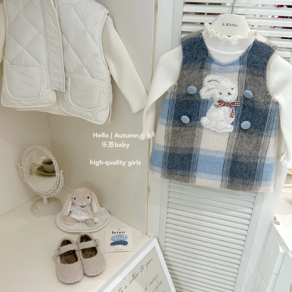 【乐恩童装】女童冬季新年服蓝色小兔格子背心裙宝宝时髦公主连衣裙