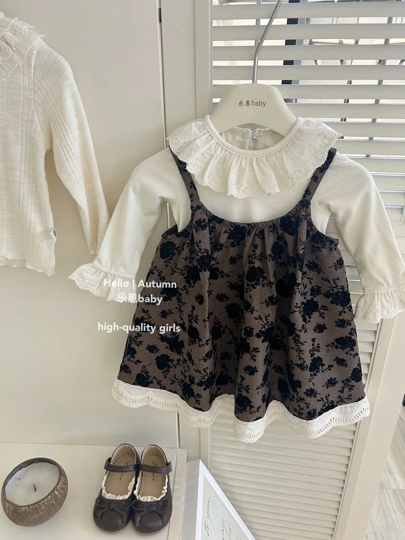 【乐恩童装】女童早秋新款复古玫瑰裙花边领长袖打底衫女宝宝两件套