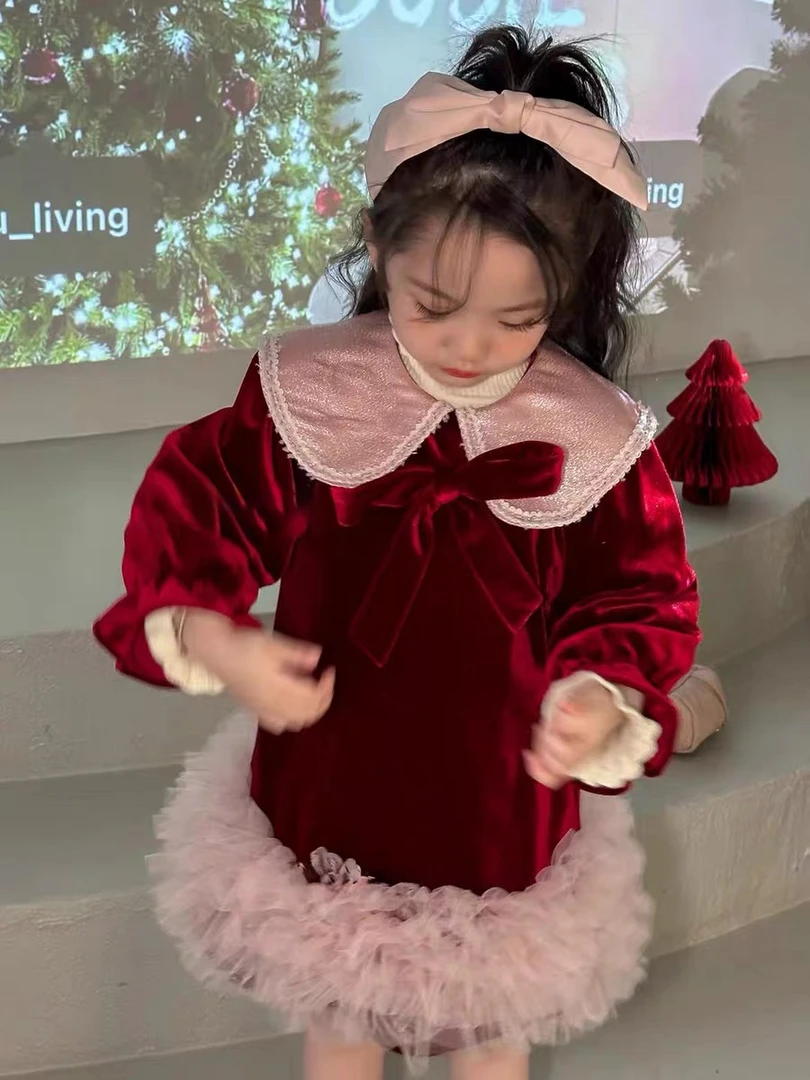 女童生日裙子2023年秋冬加绒加厚长款丝绒连衣裙女宝宝节日蓬蓬裙