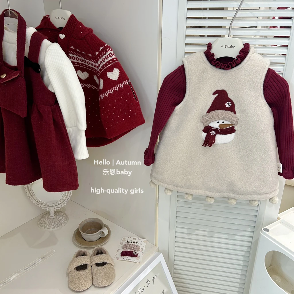 【乐恩童装】女童冬季圣诞节新年服立体雪人背心夹棉裙喜庆连衣裙子
