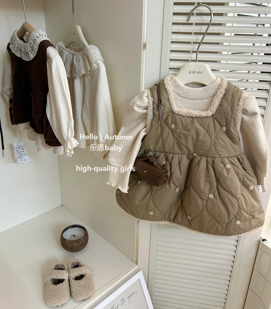 【乐恩童装】女童秋冬季新款加绒打底衫+背心夹棉裙子宝宝洋气套装
