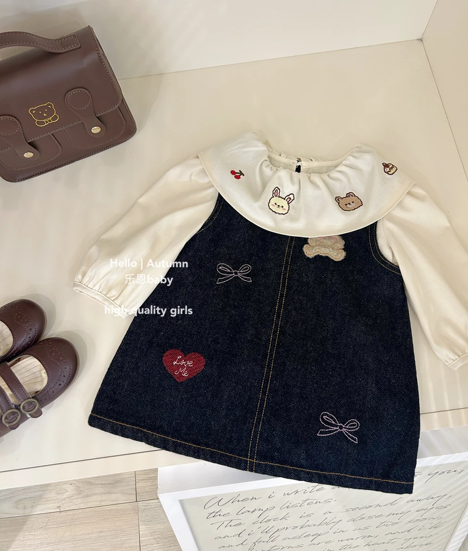 【乐恩童装】女童春秋冬季新款翻领衬衫+卡通小熊水洗牛仔裙洋气