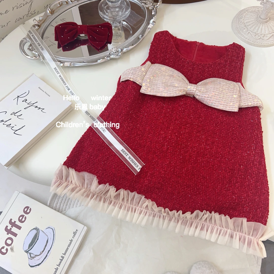 红色女童连衣裙喜庆冬季公主裙宝宝背心裙过年汉服蝴蝶结亮片裙子