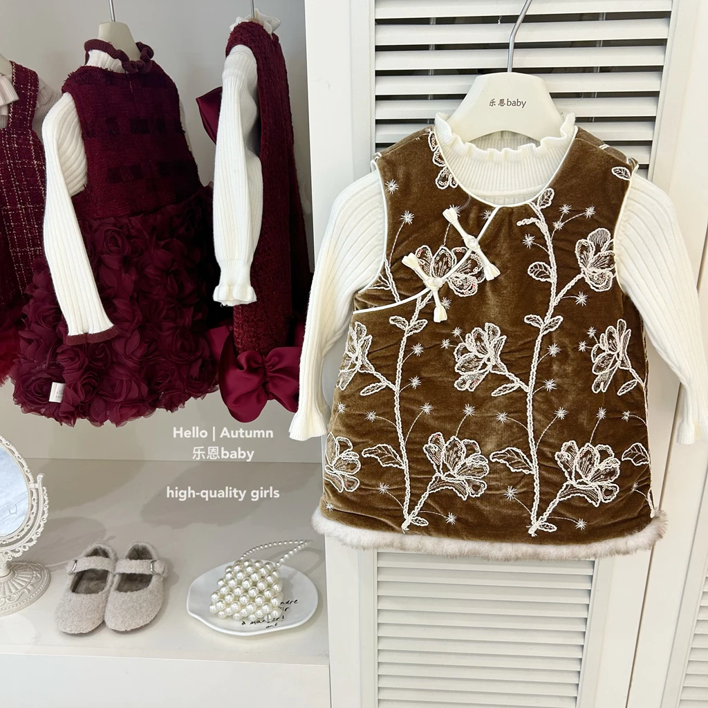 【乐恩童装】女童冬季新款拜年服金色丝绒绣花夹棉裙国风连衣裙套装