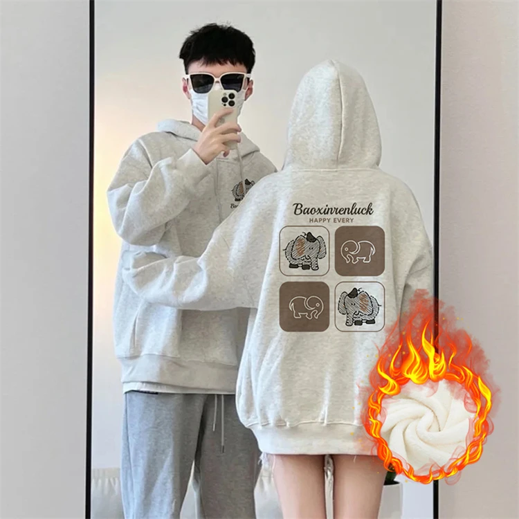 佐朗格奴卡通大象印花连帽卫衣女oversize加绒白灰色百搭情侣长袖