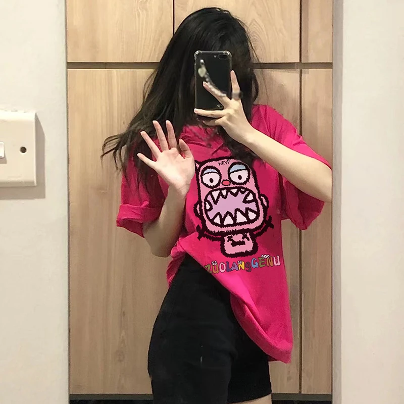 佐朗格奴/纯棉220克火龙果色潮时尚上衣圆领学院风通勤短袖t恤女