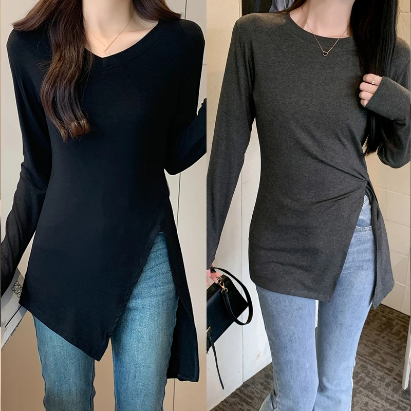 佐朗格奴不规则下摆开叉修身长袖t恤衫春秋百搭圆领V领显瘦上衣女