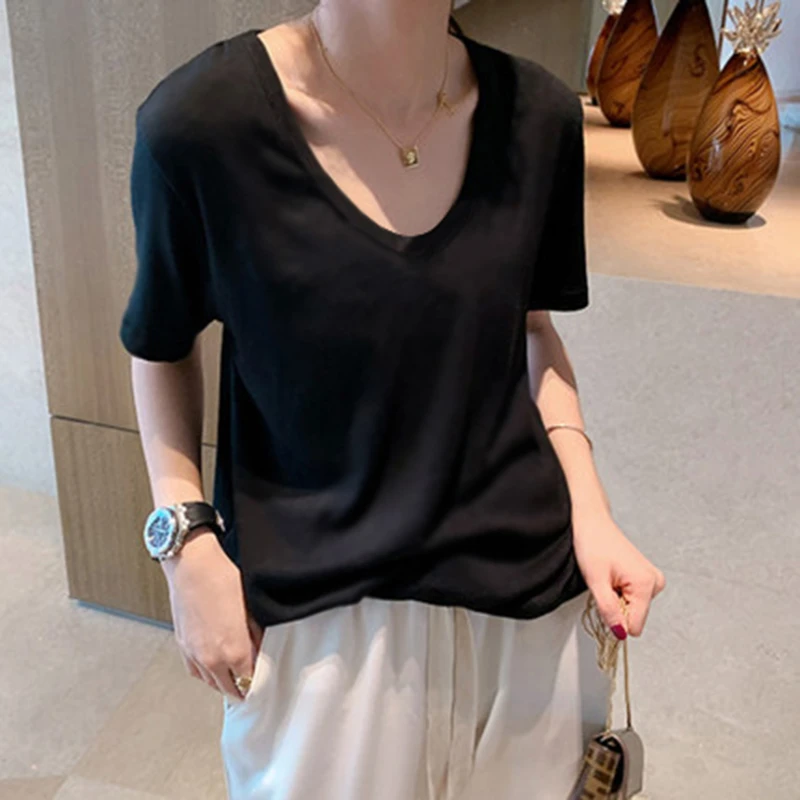 佐朗格奴【两件装】夏季宽松V领纯色短袖上衣女大领口百搭打底T恤衫