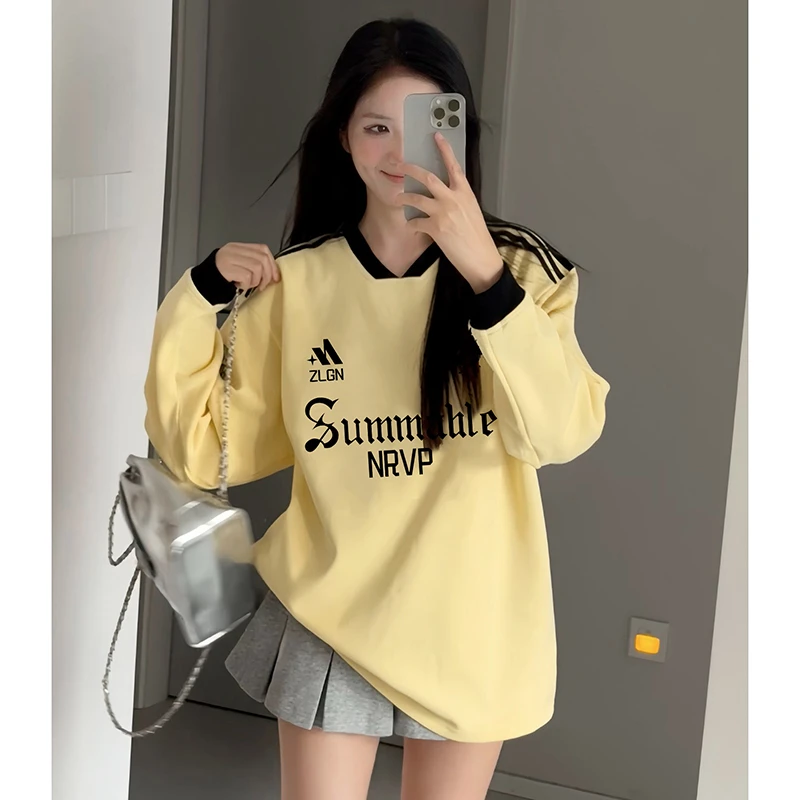 佐朗格奴潮牌高街拼接上衣V领设计显瘦长袖新款运动风慵懒卫衣女