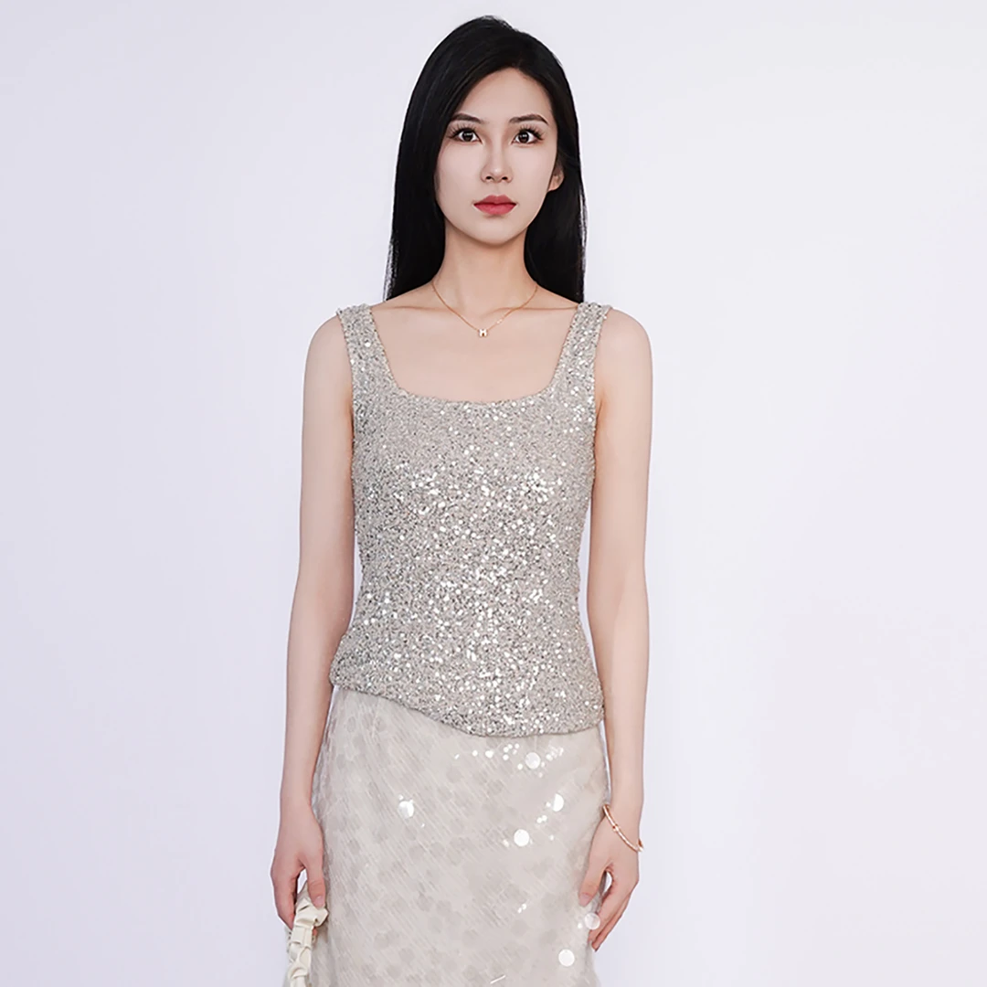 安斐欧娜2024新款辣妹纯欲弹力亮片大U领修身显瘦百搭吊带背心